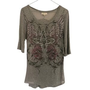Angels & Diamonds Gray Winged Cross Tee